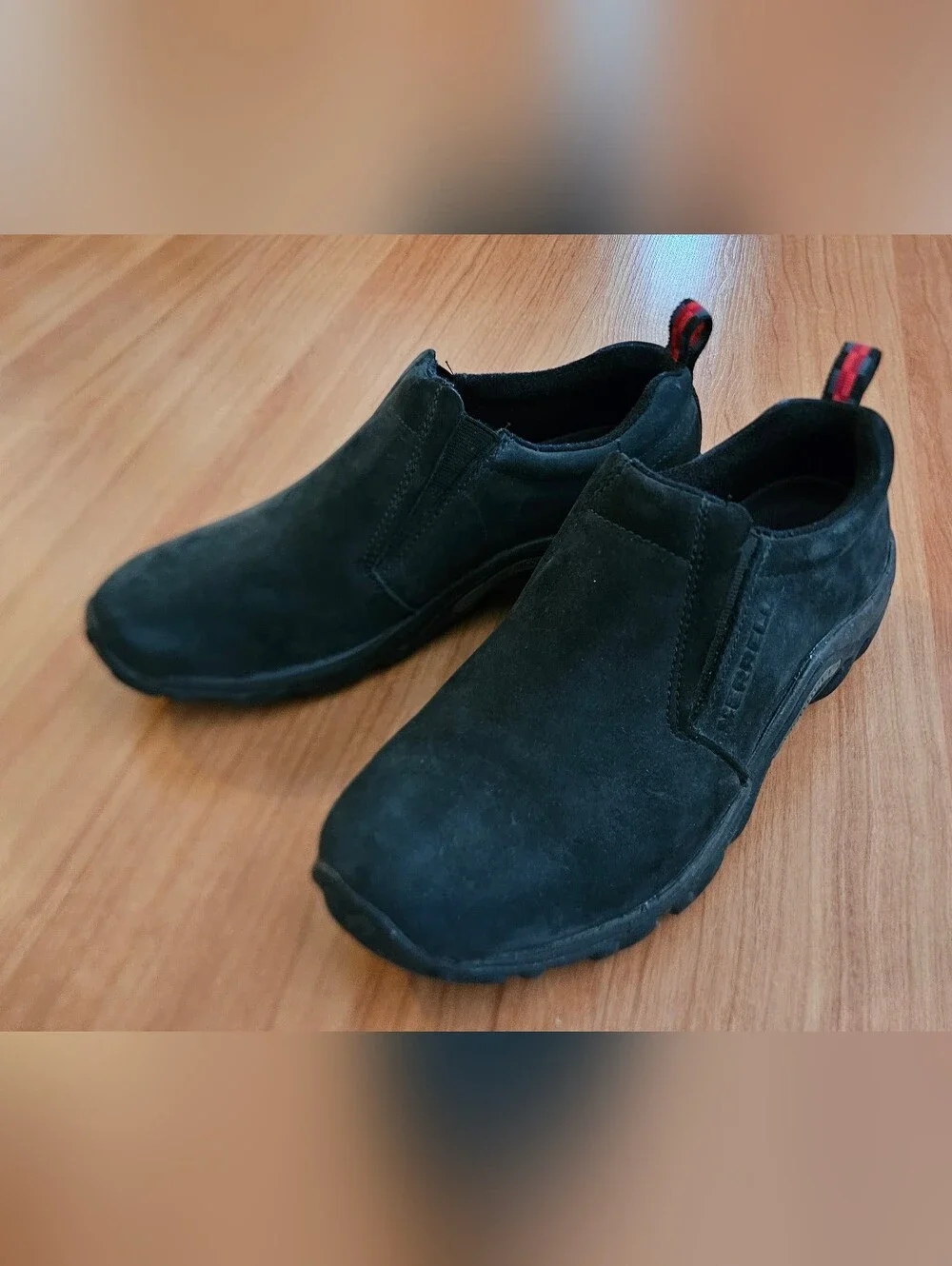 Size 8 Men's Merrell Jungle Moc Black Suede Slip-On Loafers with Red Heel Tabs